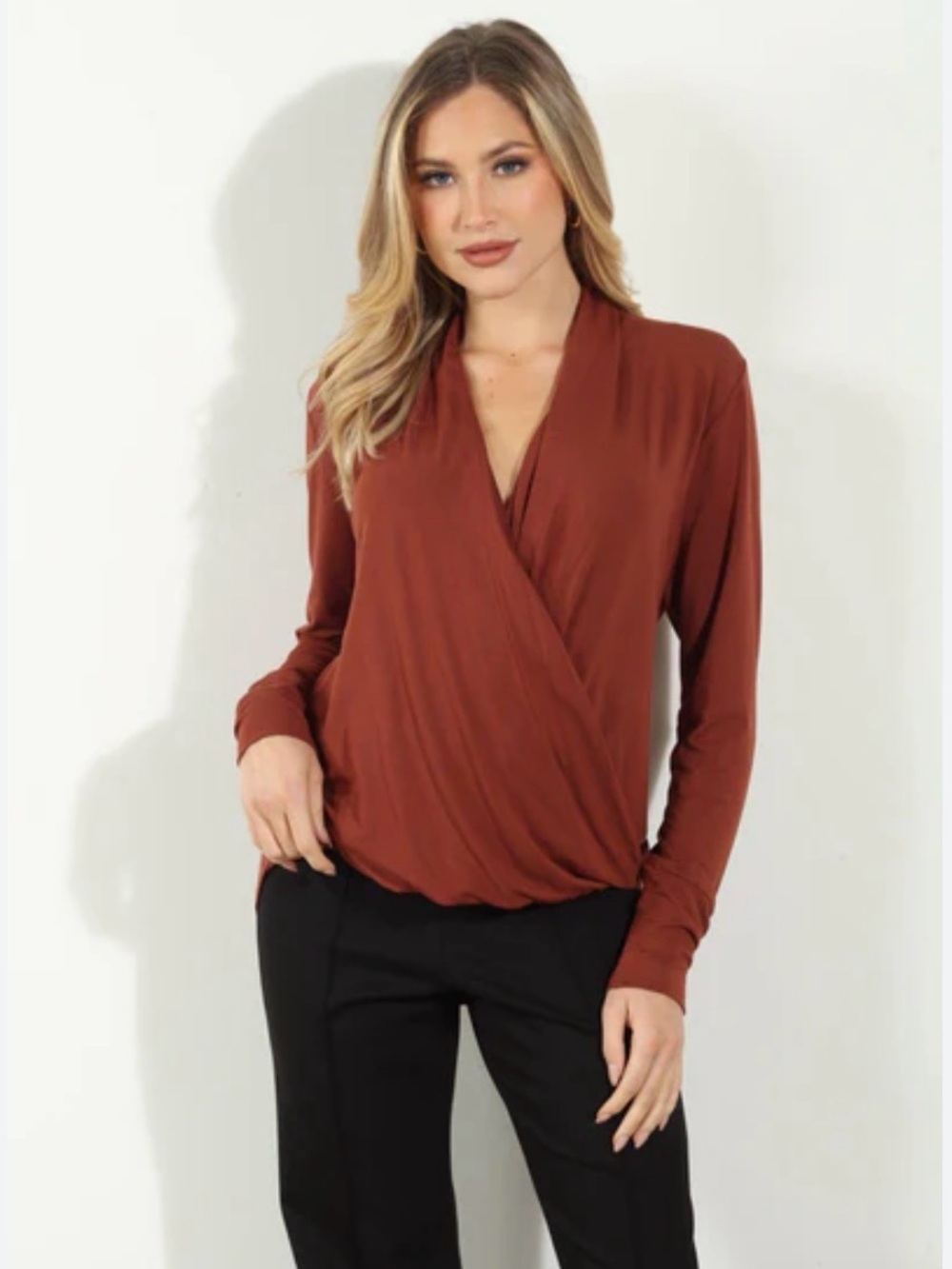 CHAUS New York Orange Faux Wrap Ruched Long Sleeve Top Size L